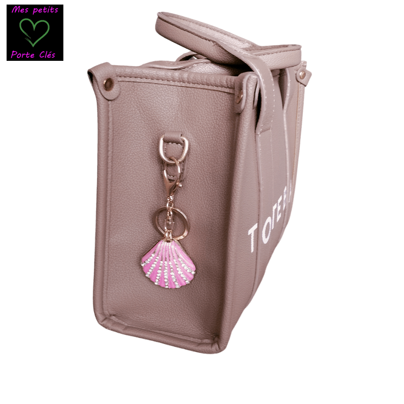 Porte-clés Bijou de sac Coquillage Rose strass et Perles