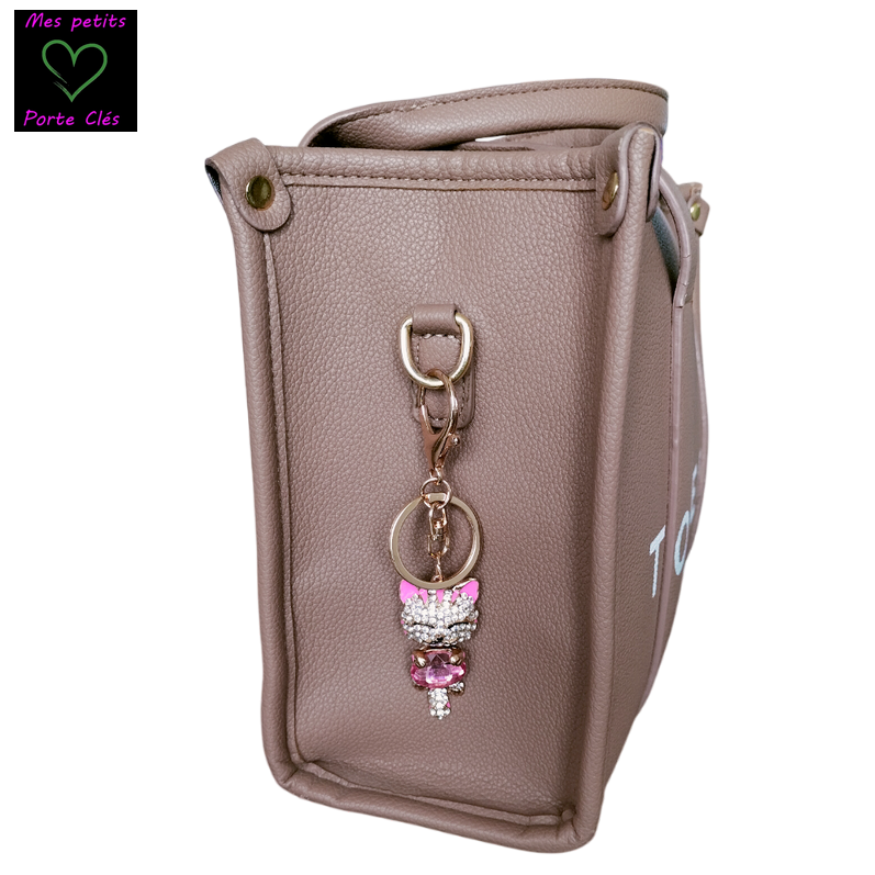 Porte-clés Bijou de sac chat strass et cristaux roses