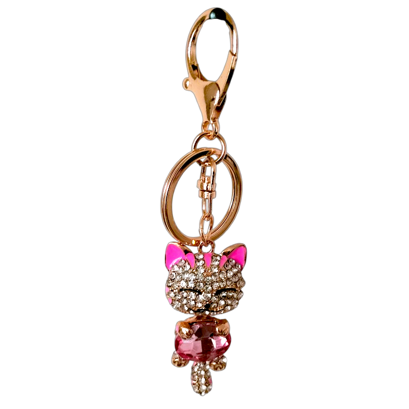 Porte-clés Bijou de sac chat strass et cristaux roses
