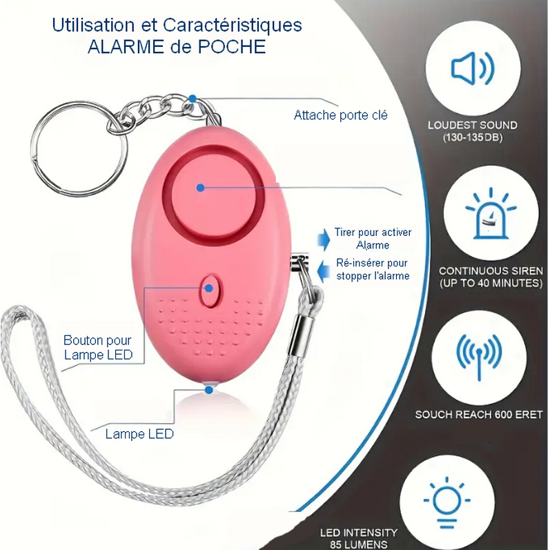 Porte-clés d'alarme de sécurité personnelle avec lumière LED - Noire Métalissée