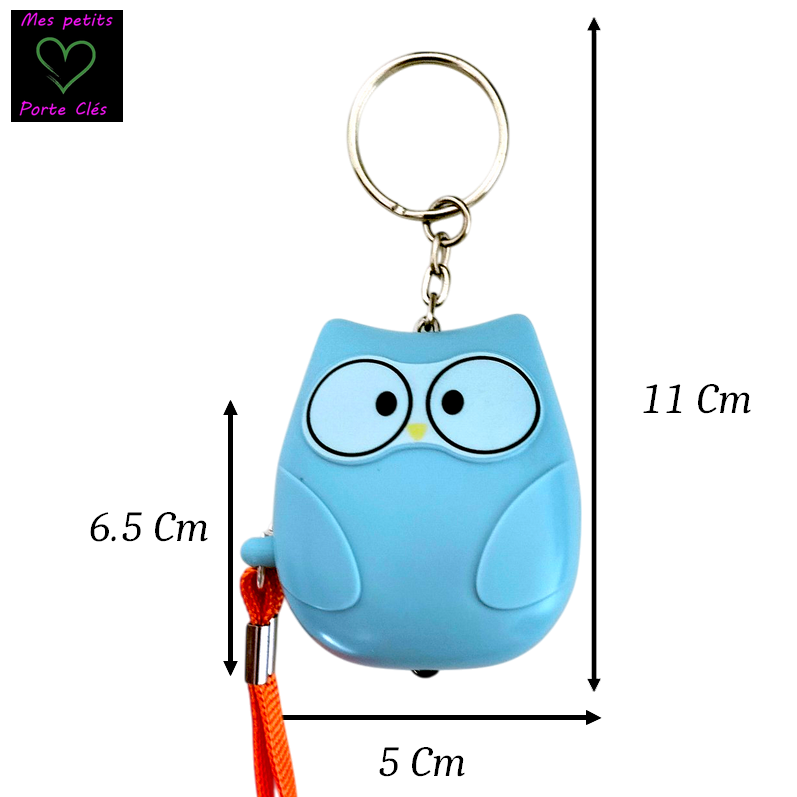Porte-clés d'alarme de sécurité personnelle avec lumière LED - chouette bleue