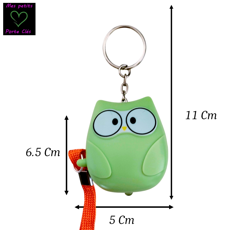 Porte-clés d'alarme de sécurité personnelle avec lumière LED - chouette verte